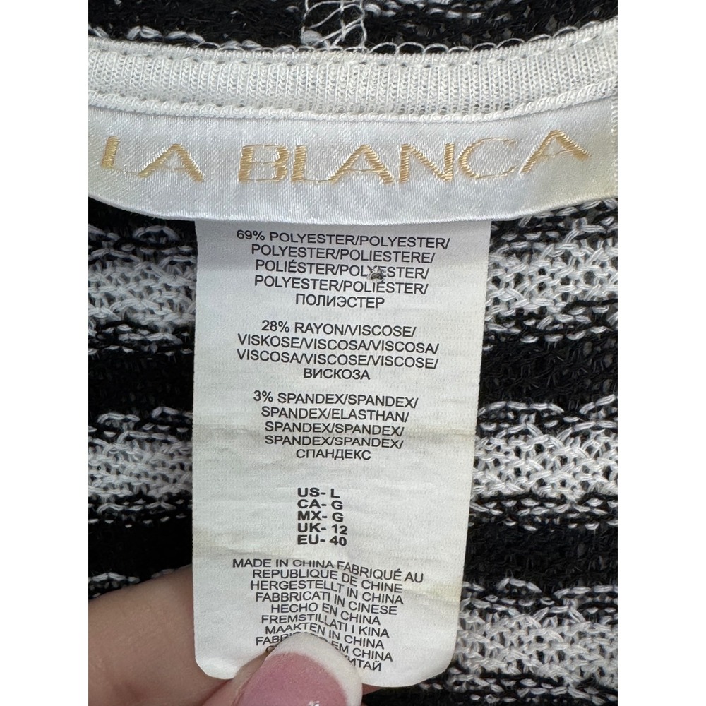 La Blanca Women Black White Striped Knit Hoodie Beach Cover Up Tunic Large Pool - Picture 5 of 6
